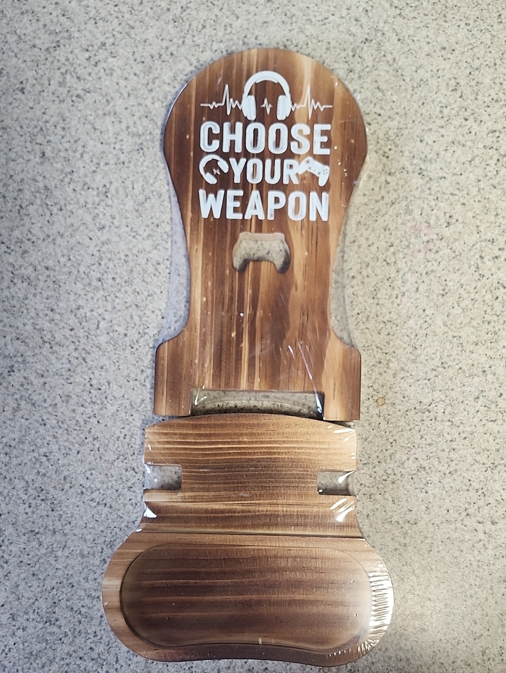 Wooden 'Choose Your Weapon' Controller/Headset Stand Holder - Brown